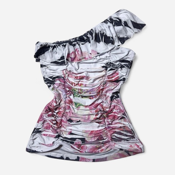 579 Tops - Vintage 579 Off the‎ Shoulder Abstract Floral Watercolor Print Top